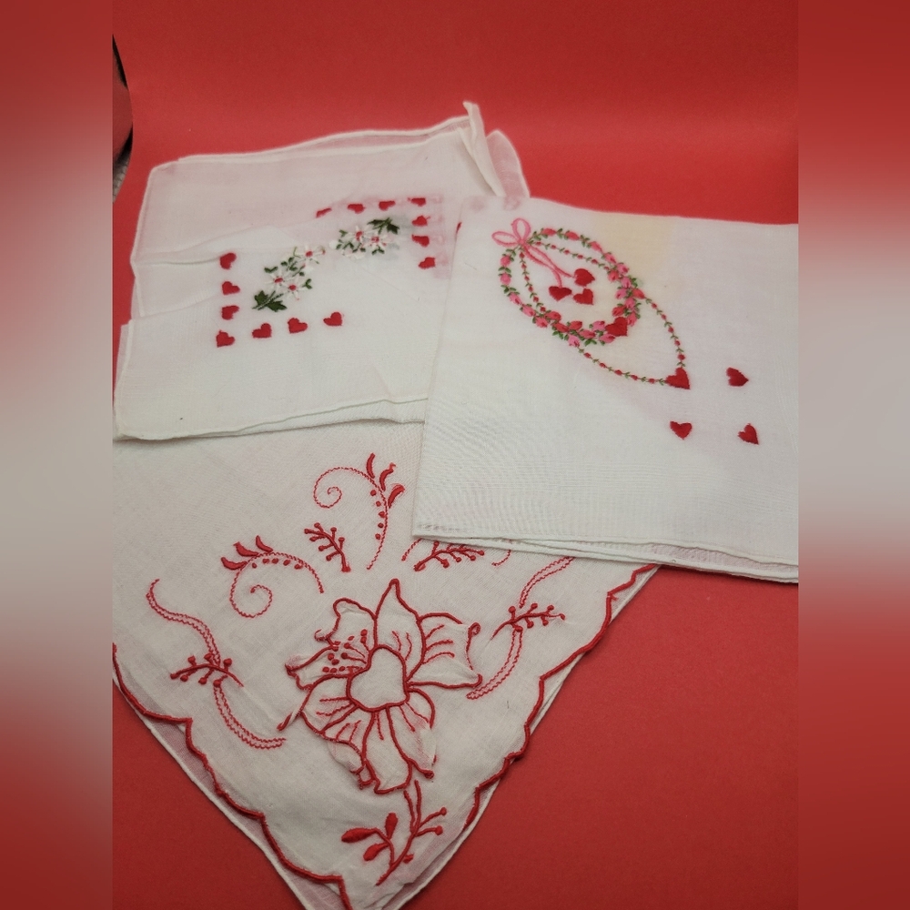 Embroidered White and Red Handkerchief Set